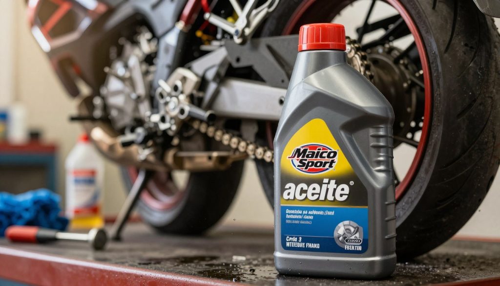 A close-up image of a bottle of high-quality motorcycle chain oil ("aceite") labeled with the brand name "Maico Sport". In the foreground, the bottle is prominently displayed, showcasing its sleek design and vibrant label. The middle ground features a clean motorcycle chain glistening with freshly applied oil, highlighting the importance of maintenance. The background presents a softly blurred mechanic's workshop, with tools and cleaning supplies subtly hinted at to enhance the context. The scene is well-lit, using natural light to create a warm and inviting atmosphere, with soft shadows to add depth. Capture the essence of motorcycle maintenance and care, evoking a sense of reliability and professionalism.