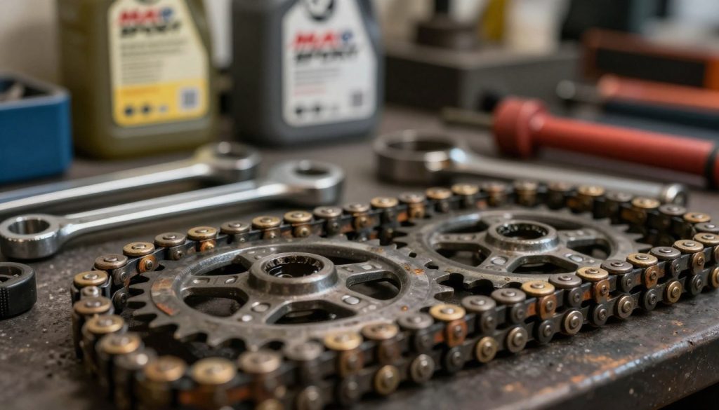 A close-up shot of a high-quality transmission kit by Maico Sport, prominently featuring sprockets and chains in the foreground, highlighting their intricate details with a focus on wear signs like rust and wear patterns. In the middle, tools such as wrenches and oil cans suggest maintenance, enhancing the theme of transmission change. The background fades into a workshop environment, dimly lit to convey a serious and informative atmosphere, with soft, warm lighting illuminating the foreground elements to draw attention. Use a shallow depth of field to blur the background slightly, creating a professional and clean look. This image should capture the essence of machinery care and the importance of recognizing signs of wear and tear, evoking a sense of urgency for maintenance.