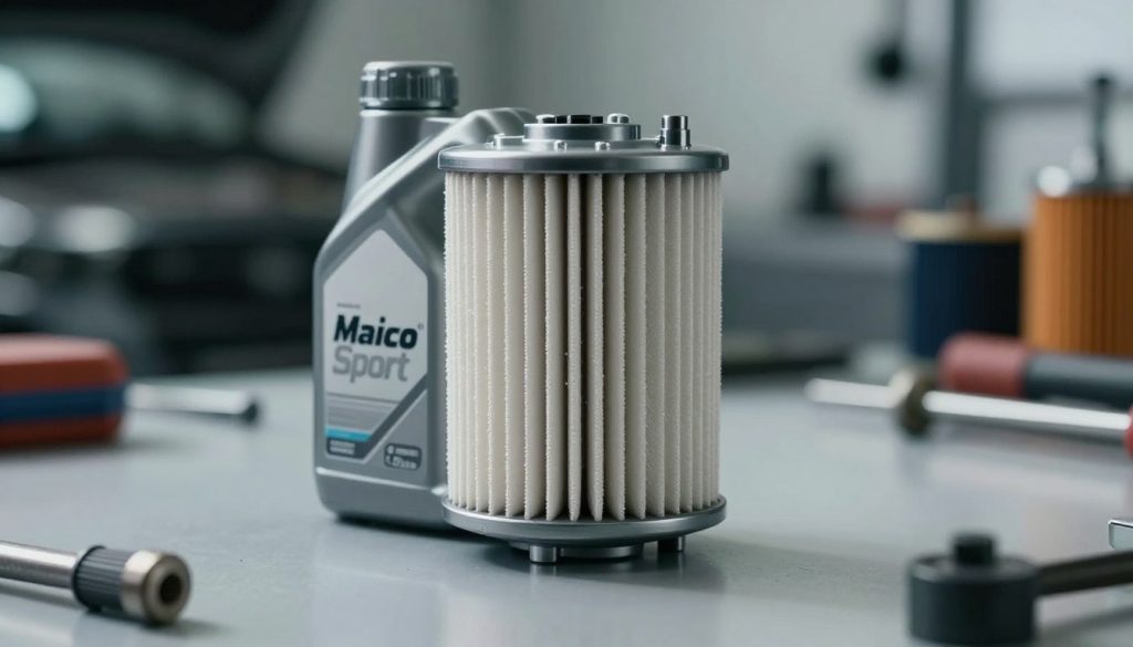 A close-up view of a high-quality Hiflofiltro oil filter prominently displayed on a clean, polished surface. The filter has a sleek, modern design, with the brand name "Maico Sport" clearly visible on its side. Soft, diffused lighting highlights the texture and details of the filter, casting gentle shadows that accentuate its shape. In the background, a blurred automotive workshop setting is suggested, with tools and machinery hinting at a professional environment. The mood is one of precision and quality, reflecting the premium nature of Hiflofiltro products. The focus on the oil filter creates a sense of reliability and excellence, suitable for showcasing the contrast with generic filters.