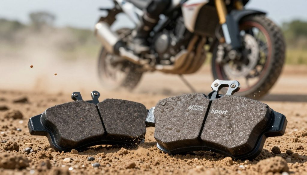 A close-up view of a set of sintered brake pads branded "Maico Sport," showcased against a backdrop that suggests real-world riding conditions. In the foreground, the brake pads are meticulously detailed, highlighting their texture and unique characteristics like grooves and metallic finishes. The middle ground depicts various elements representing challenging environments: raindrops and mud splashes, with grains of sand and sunlight filtering through a heat haze to illustrate the heat of summer rides. The background features a blurred motorbike in an outdoor setting, hinting at adventure in diverse terrains. The lighting is dynamic, with natural sunlight creating contrasts that emphasize the brake pads, evoking a mood of reliability and performance in extreme conditions.