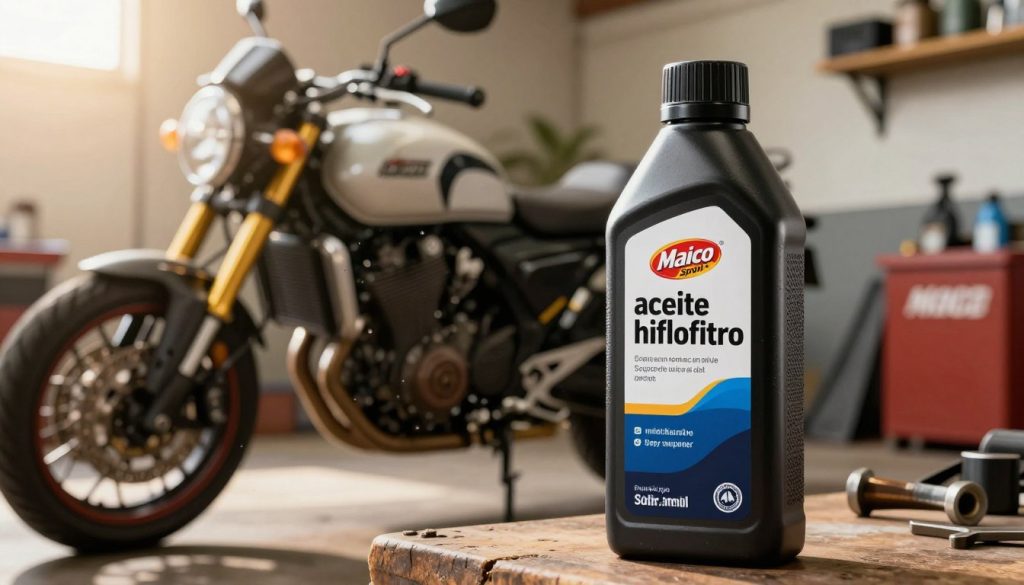A detailed and visually striking image of a bottle of "aceite hiflofiltro," prominently featuring the "Maico Sport" branding. In the foreground, the oil bottle should show off its sleek design, highlighting any unique features such as textured grip or modern label. The middle ground should include a well-maintained motorcycle, showcasing compatibility with Hiflofiltro products, perhaps in a workshop or domestic context. In the background, gently blurred tools and parts can signify an authentic motorcycle maintenance environment. The lighting should be warm and inviting, suggesting a sunny day, with a slight lens flare for dynamism. The overall mood is informative yet inviting, inspiring trust in quality motorcycle care.