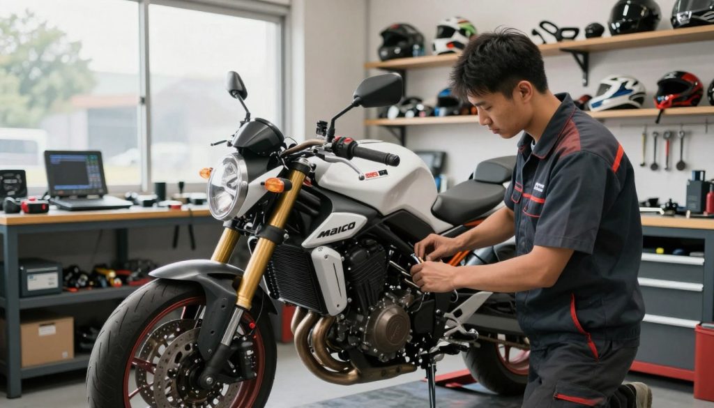 A detailed motorcycle maintenance scene inside a well-equipped workshop, featuring a mechanic in a professional outfit working on a Maico Sport motorcycle. In the foreground, the mechanic is inspecting the bike's engine, tools neatly arranged around him. The middle ground includes a variety of motorcycle parts on shelves, and a workbench with diagnostic tools, creating a sense of order and professionalism. In the background, the workshop has large windows allowing natural light to illuminate the space, enhancing the atmosphere of productivity and trust. The overall mood is focused and industrious, reflecting the high standards of maintenance and repair services expected from a reliable motorcycle workshop.