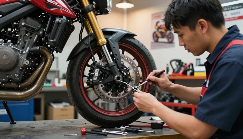 A detailed workshop scene showcasing the easy installation of EBC brakes on a motorcycle, specifically the 'Maico Sport' model. In the foreground, a mechanic, dressed in professional work attire, is focused on replacing the brake components with precision tools scattered around. The middle ground features the motorcycle on a stand, highlighting the vibrant and intricate brake setup, with EBC branding visible on parts. In the background, a well-organized garage with tools, posters of motorcycle safety, and soft overhead lighting creates a warm, inviting atmosphere. The angle is slightly tilted to enhance the sense of action, while capturing the mechanic's expertise in enhancing motorcycle safety. The overall mood is professional and informative, perfect for illustrating the installation process.