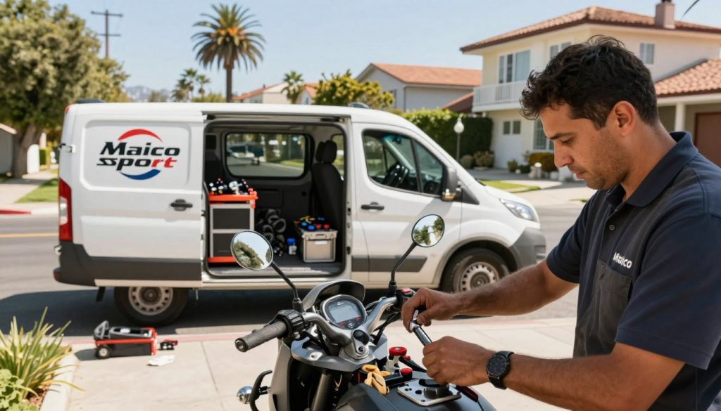 A picturesque scene depicting a mobile motorcycle repair service in Las Condes, Chile. In the foreground, a skilled mechanic dressed in professional business attire is working on a motorcycle outside a residential building, showcasing tools and replacement parts from the brand Maico Sport. In the middle ground, a van branded with Maico Sport's logo is parked, with its doors open revealing organized equipment and spare parts. The background features a sunny suburban street with palm trees and charming homes, creating a warm, inviting atmosphere. The overall lighting is bright and vibrant, suggesting a productive afternoon. The angle captures a close-up view of the mechanic's focused expression while also incorporating the service van, illustrating the convenience of at-home motorcycle maintenance.