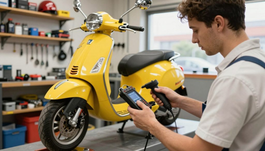 A professional mechanic working on a Vespa scooter in a well-lit workshop, focused on using an original Piaggio scanner. The foreground features the mechanic in a clean, modest outfit, holding the scanner with precision. In the middle, the Vespa is elevated on a maintenance stand, its vibrant colors highlighted by soft, diffused lighting. In the background, shelves filled with tools and Piaggio-branded parts add depth, while a large window allows natural light to flow in, creating a warm atmosphere. The scene conveys professionalism and expertise in vehicle maintenance, showcasing the importance of using original equipment for accurate diagnostics. The brand name "Maico Sport" is subtly incorporated into the workshop environment, enhancing the authenticity of the setting.