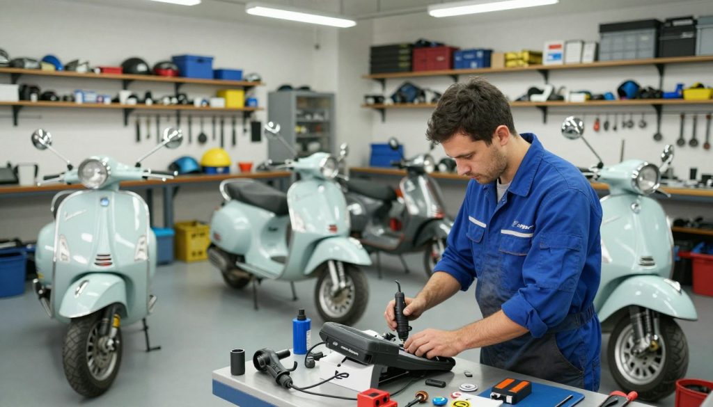 A well-lit mechanic's workshop dedicated to servicing Vespa and Piaggio scooters, showcasing a professional mechanic in a blue jumpsuit working on a Vespa scooter. The foreground highlights the mechanic focused on a diagnostic scanner, labeled "Maico Sport," with tools and spare parts neatly arranged nearby. In the middle ground, several vintage Vespa and Piaggio scooters can be seen, some in various stages of repair, adding to the authenticity of the workshop atmosphere. The background features shelves filled with tools, equipment, and scooter parts, softly illuminated by overhead fluorescent lights, creating a clean, organized, and efficient environment. The mood is industrious and focused, emphasizing the importance of proper maintenance for scooters. Use a wide-angle lens to capture the depth of the workshop, enhancing the context of professional service.