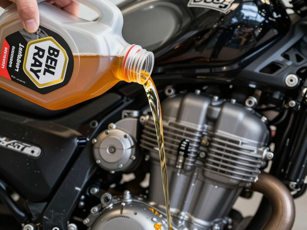 Aceite sintético BEL RAY 4T siendo vertido en motor de motocicleta moderna
