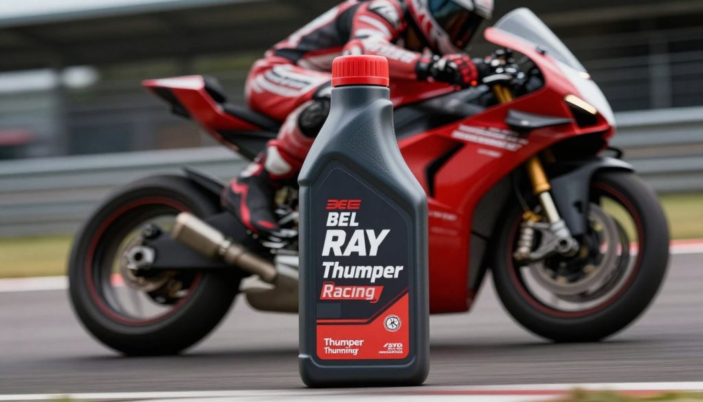 Botella de aceite BEL RAY Thumper Racing con motocicleta deportiva de fondo en pista