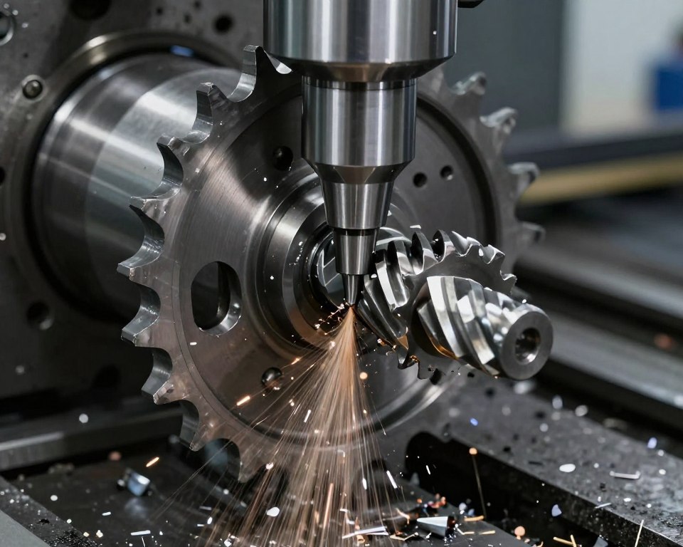 CNC machining process creating JT sprocket teeth