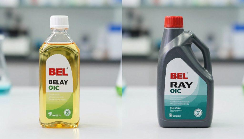 Comparación visual entre aceite BEL RAY original y genérico mostrando diferencias de calidad