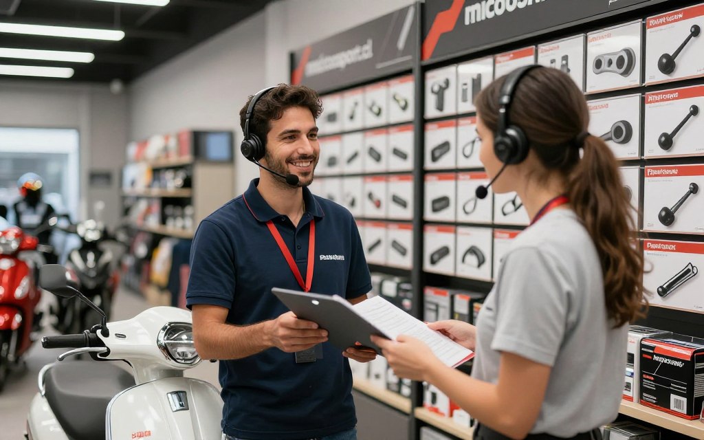 Equipo técnico maicosport atendiendo cliente repuestos PIAGGIO