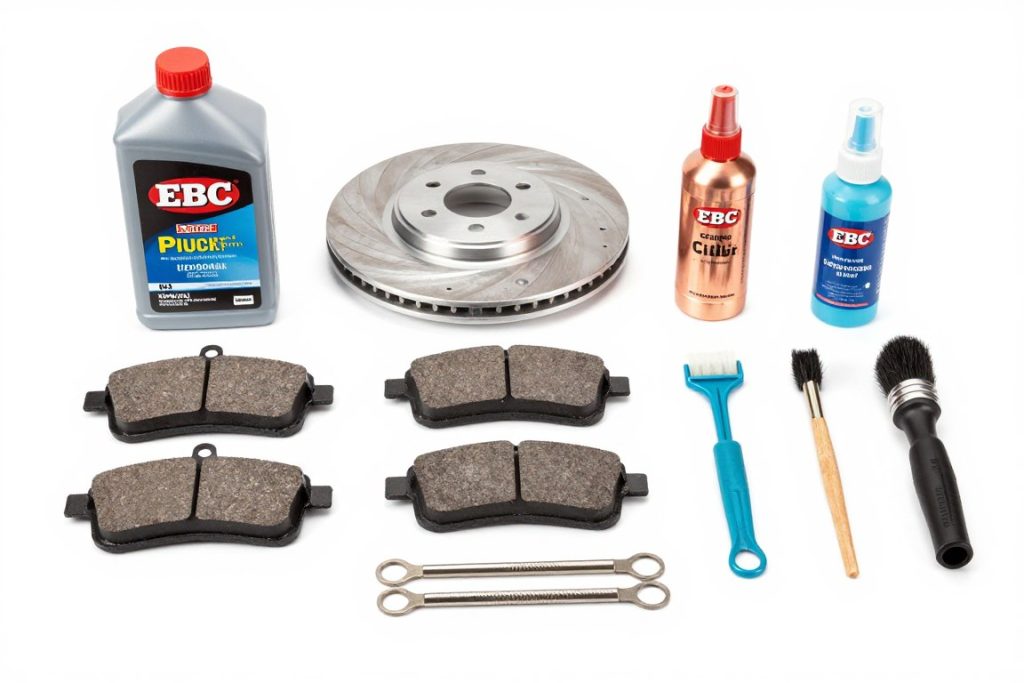Kit mantenimiento frenos EBC con pastillas, líquido freno, grasa y herramientas