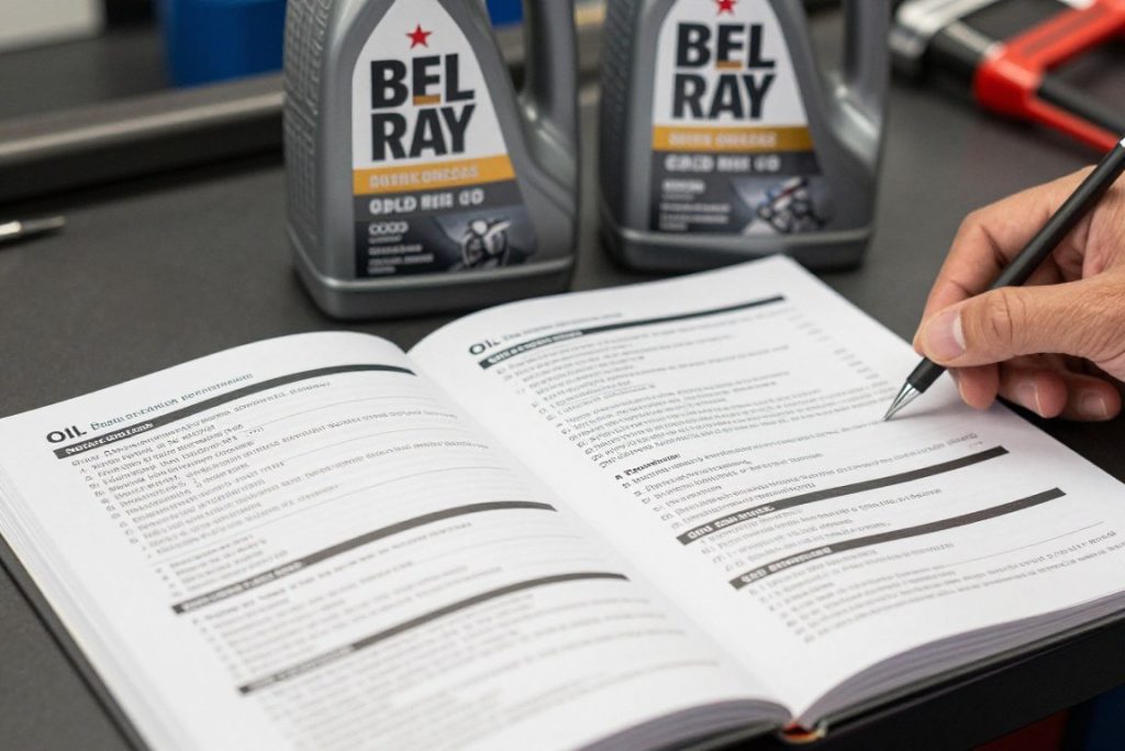 Manual de motocicleta abierto mostrando especificaciones de aceite con productos BEL RAY
