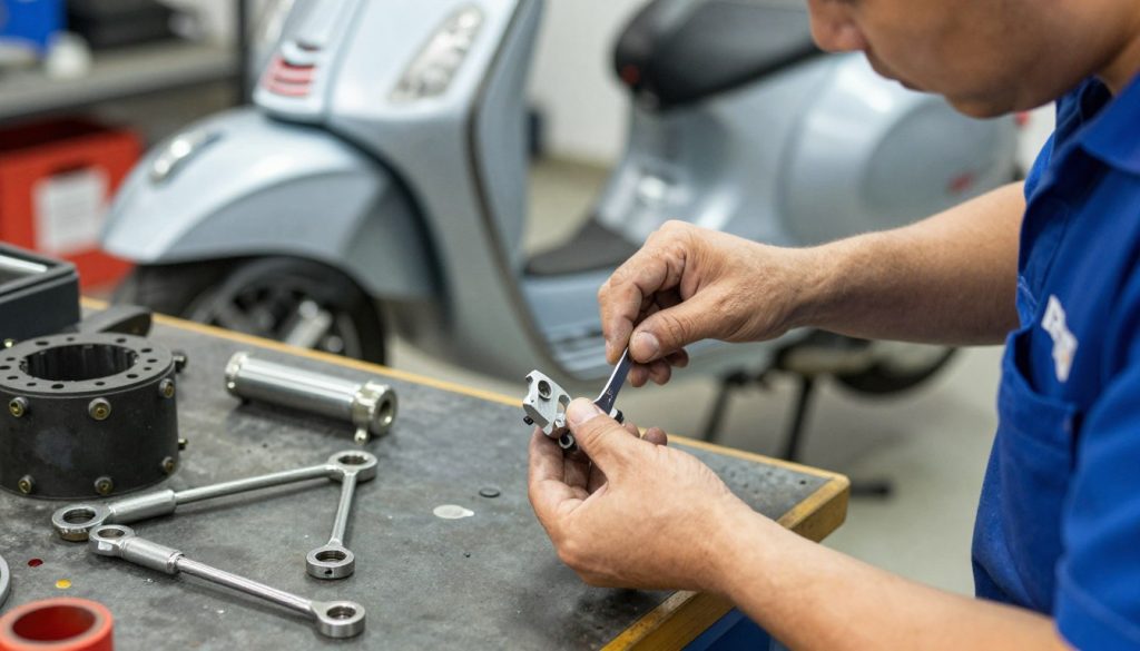 Mecánico instalando repuestos PIAGGIO originales en scooter vespa vxl