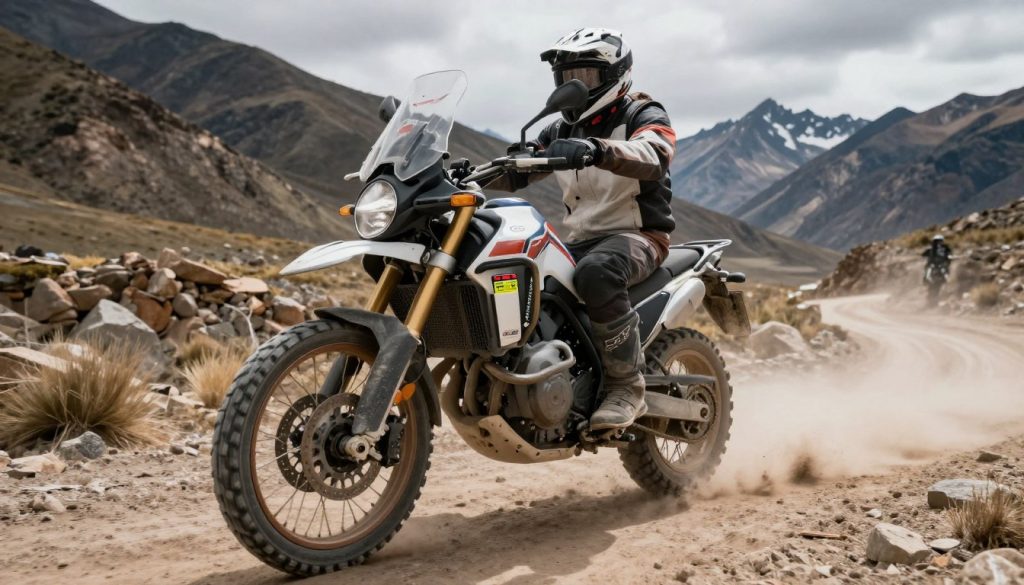 Moto trail con batería BS BATTERY en ruta cordillera Chile