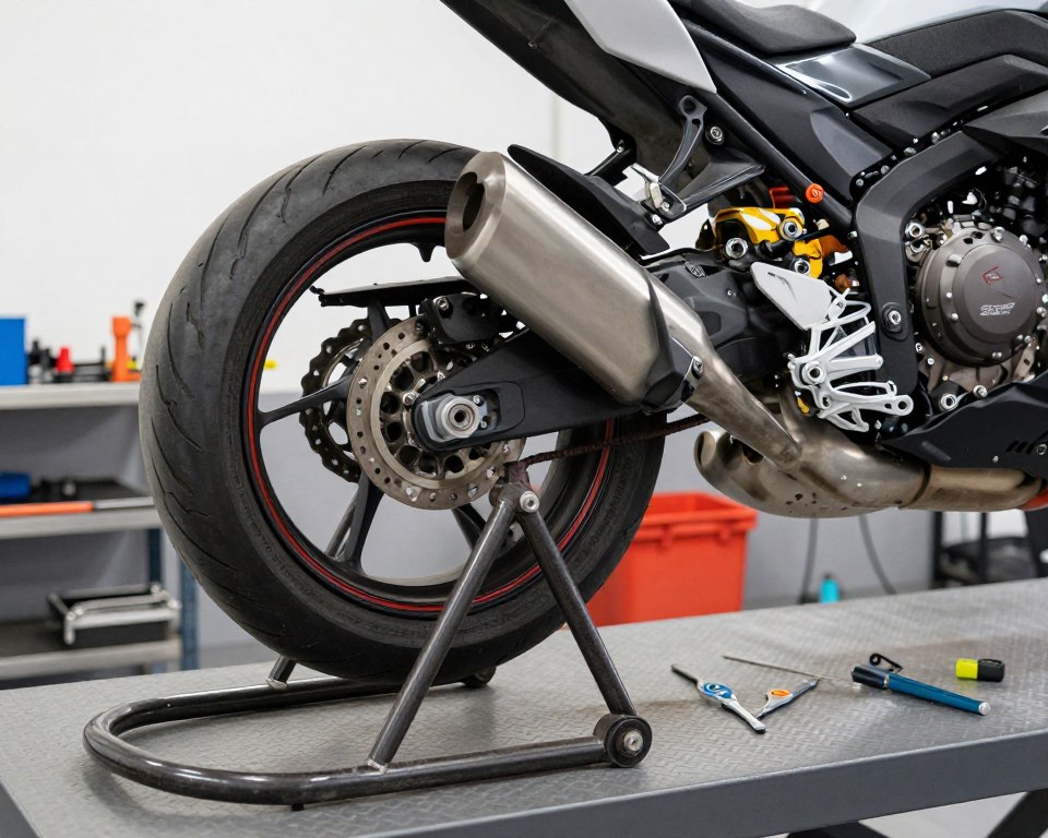 Motorcycle on stand ready for maintenance