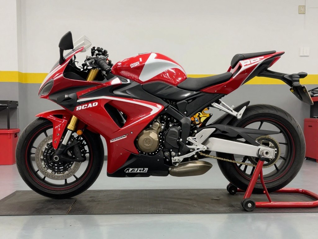 Motorcycle secured on paddock stand