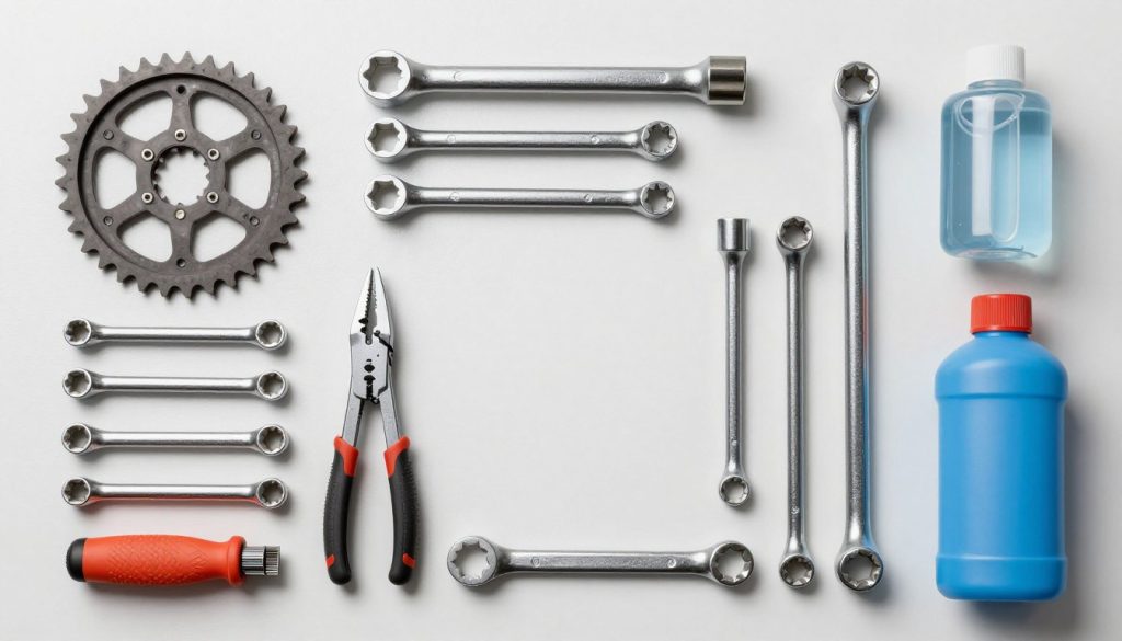 Tools laid out for sprocket and chain installation